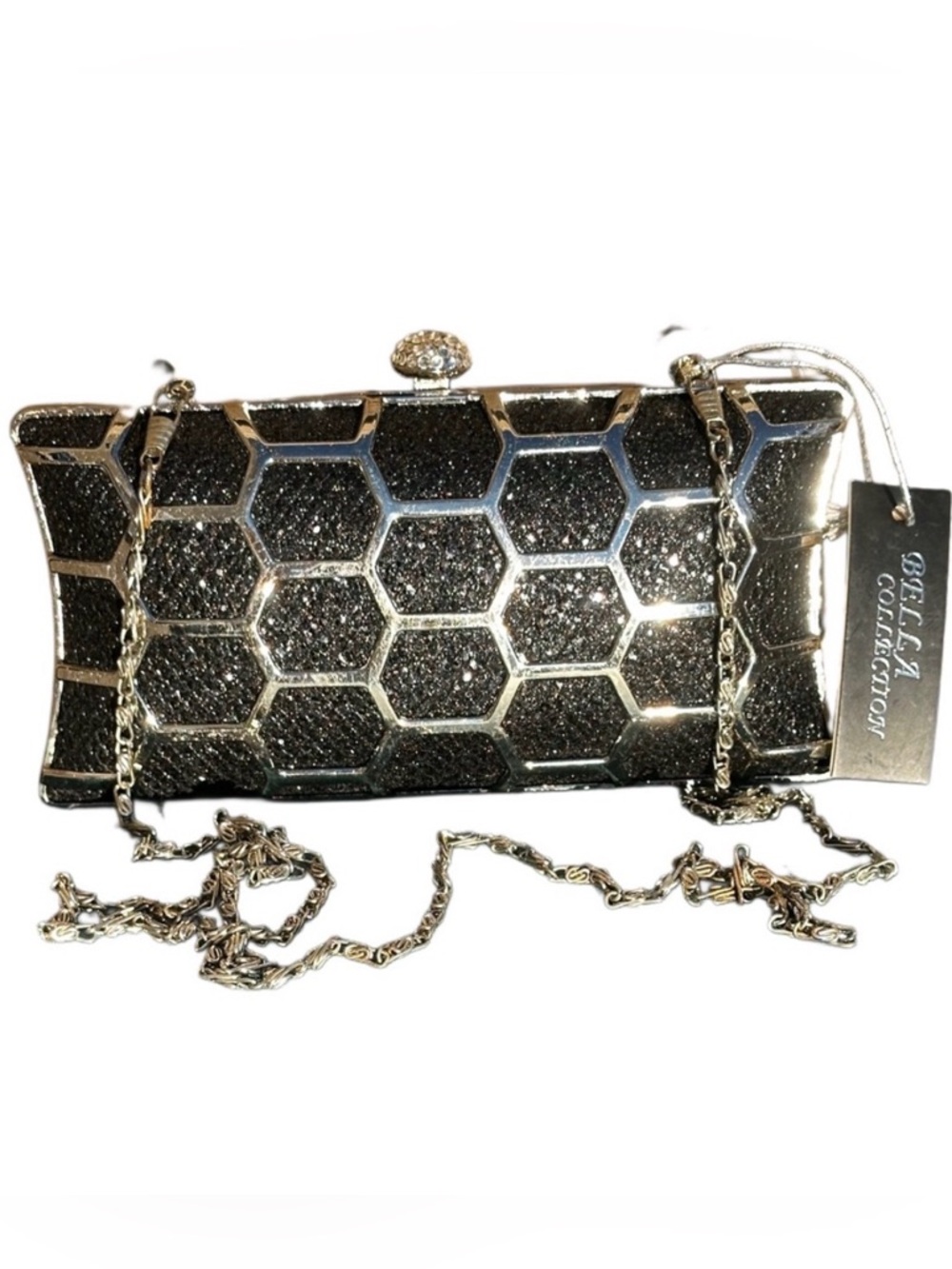 BELLA COLLECTION Metal and black glitter Hexagon Evening Clutch with Chain Strap